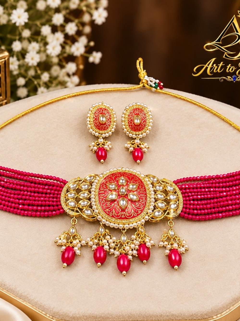 Red Beaded Kundan Necklace Set